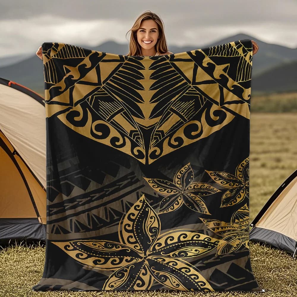 Coperta con motivi tribali polinesiani neri e dorati per divano letto, viaggio, campeggio, soggiorno, ufficio, coperta condizionata