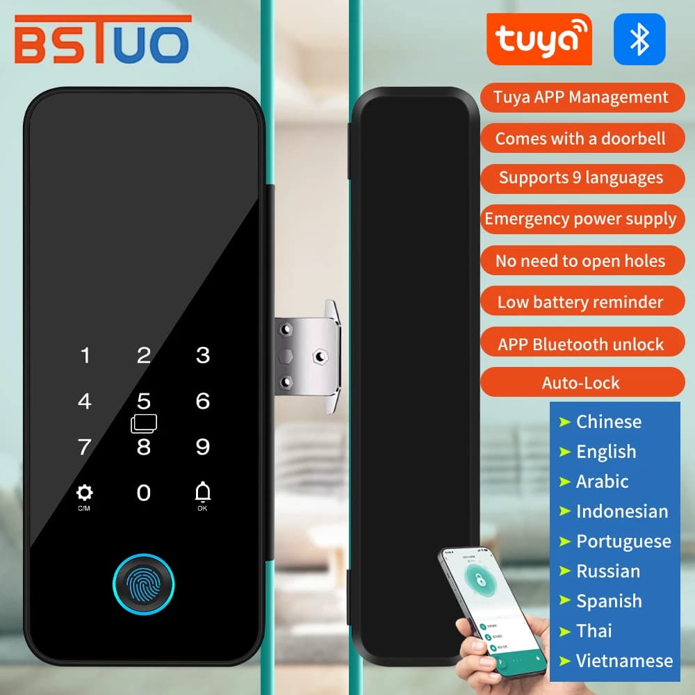 Serratura per porta in vetro intelligente multifunzionale con cifre elettroniche, impronta digitale biometrica, chiave app Tuya, serratura digitale elettrica Smart Life