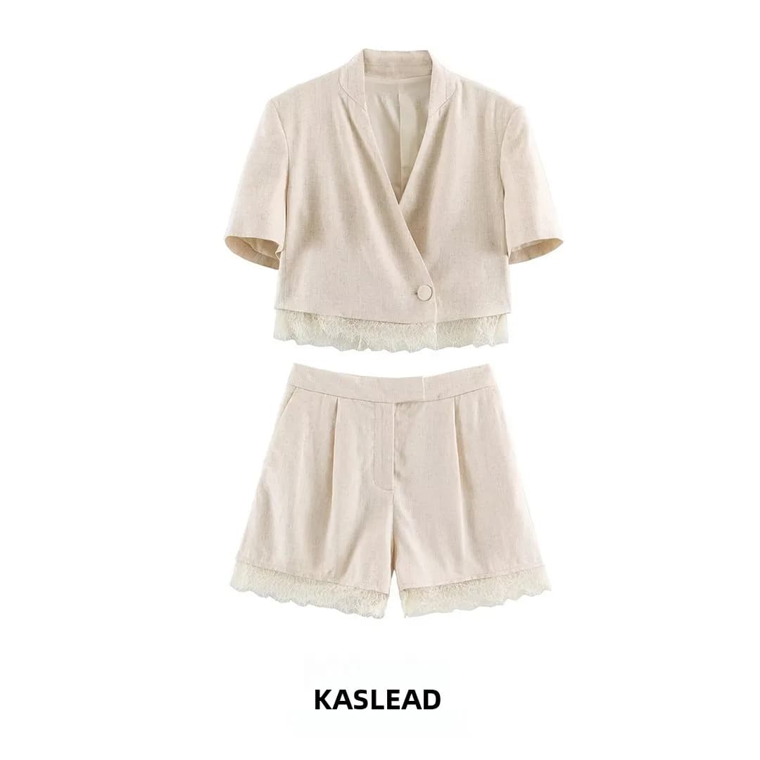 KASLEAD New Women's Fashion Suit Jacket with Ruffle Hem And Shorts Summer 2026 Short Sleeve Two-Piece Set Student Uniform
