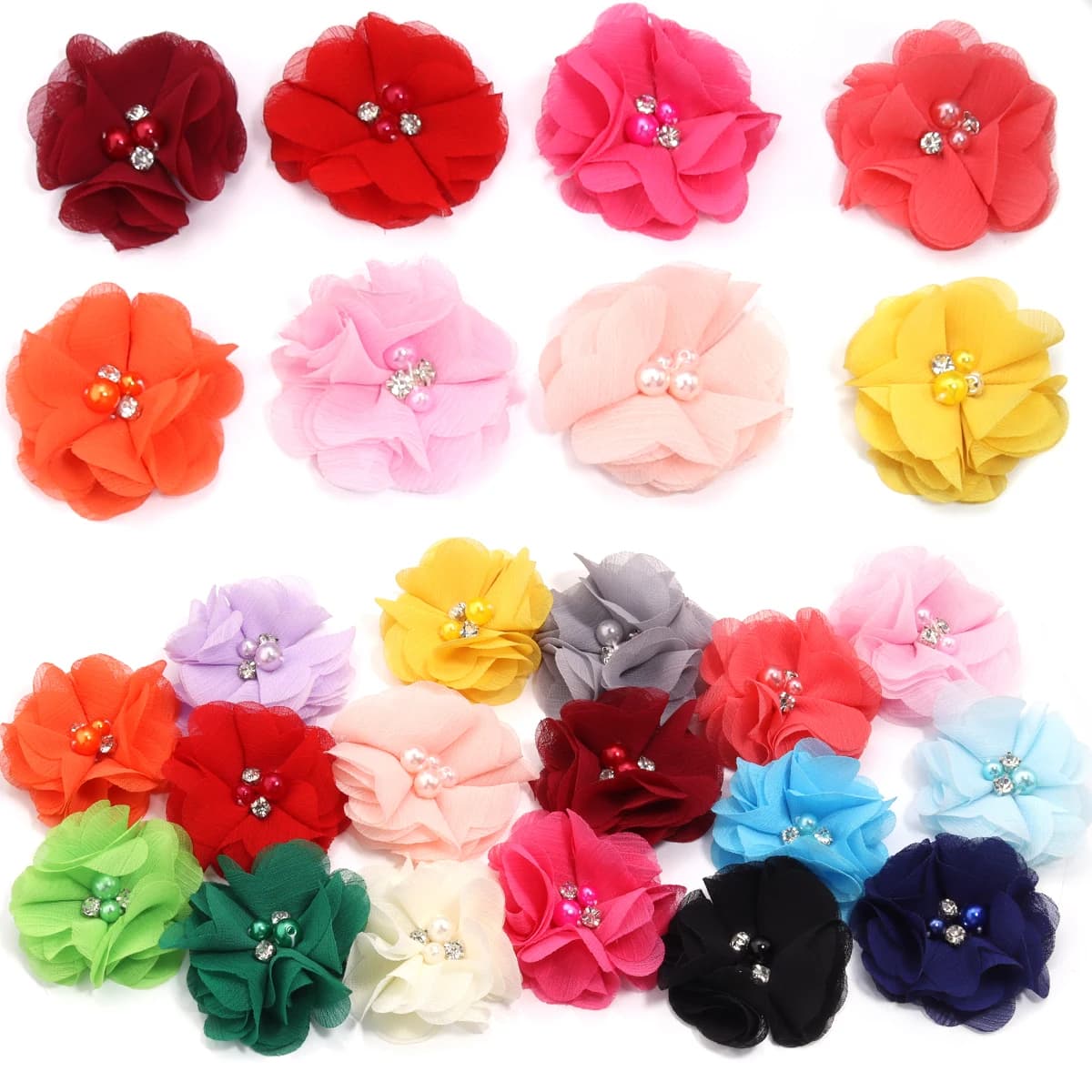 4 pieces/lot Flowers in chiffon with fake pearls and 6 cm rhinestones, handmade artificial flowers for clothing decorations and hair clips