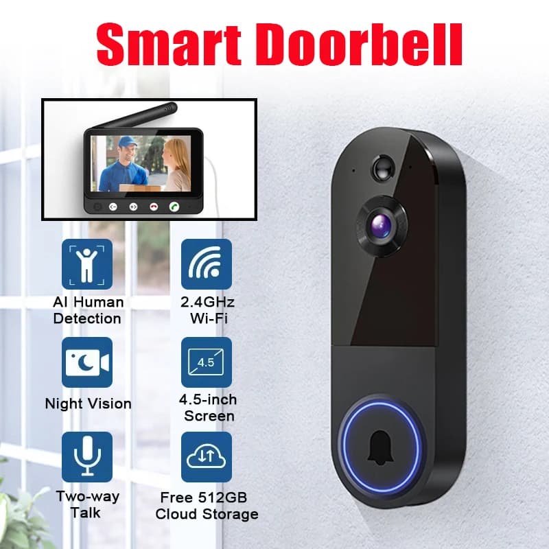 Campanello Video Smart WIFI con Audio Bidirezionale, Videocamera 1080P, Visione Notturna, Rilevamento Movimento PIR, Citofono