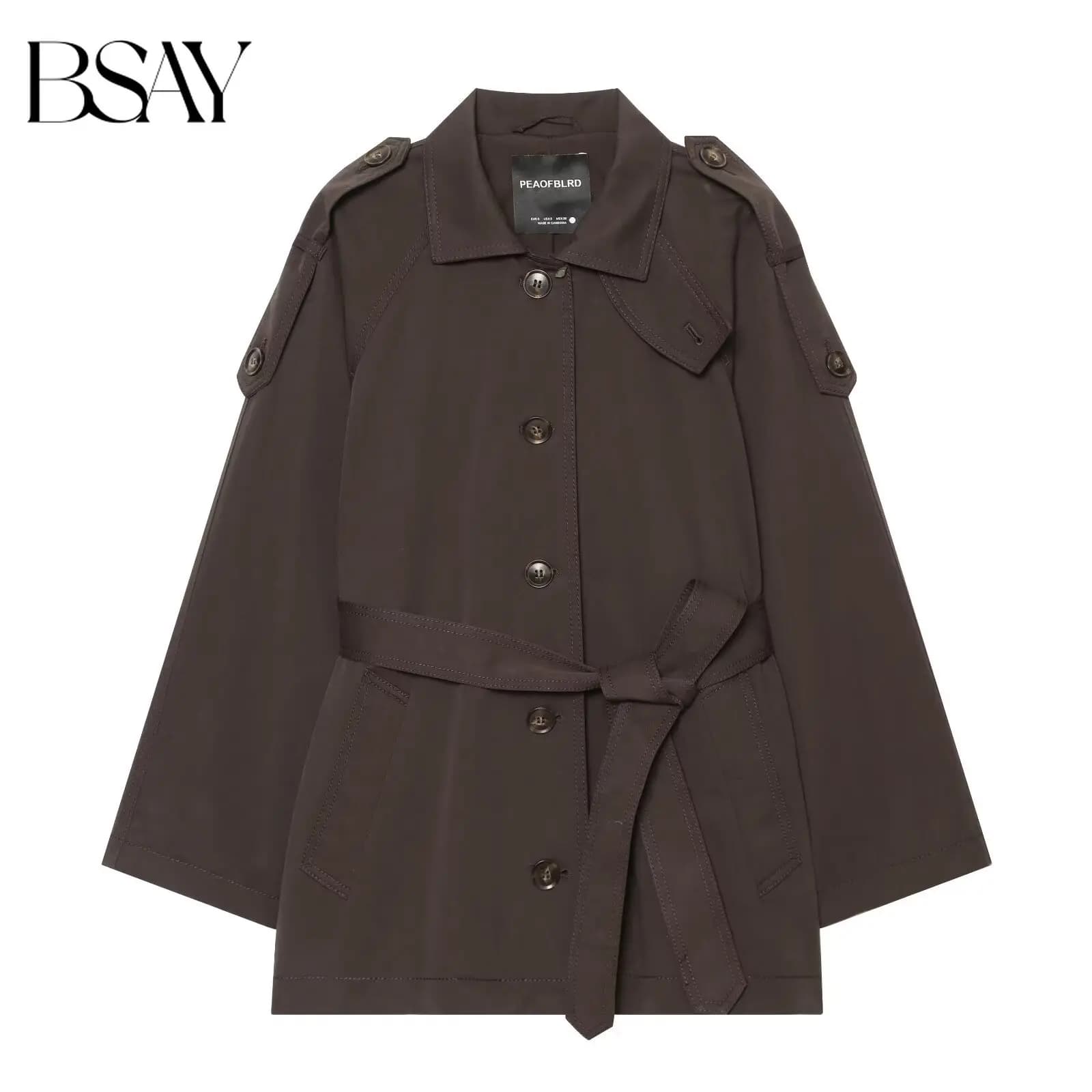BSAY 2026 Minimalist Commuter Women Short Trench Coat Lapel Shoulder Epaulets Self Tie Belt Waist Casual Long Sleeve Wind Jacket