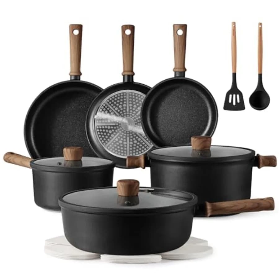 Set di Pentole Antiaderenti per Cucina a Induzione, Set da Cucina con Padella Antiaderente, Senza PFOS e PFOA, Nero, 16 Pezzi