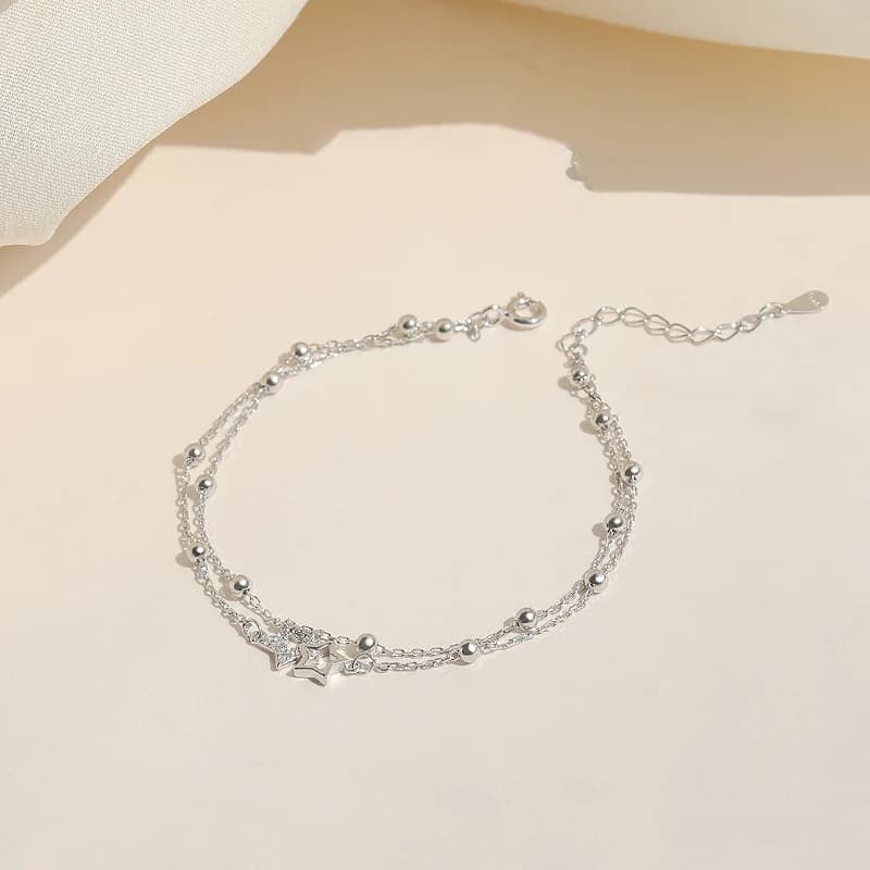 Nuovo delicato dolce argento sterling 925 doppio strato con perline rotonde doppia stella a cinque punte braccialetto per le donne gioielli estivi coreani