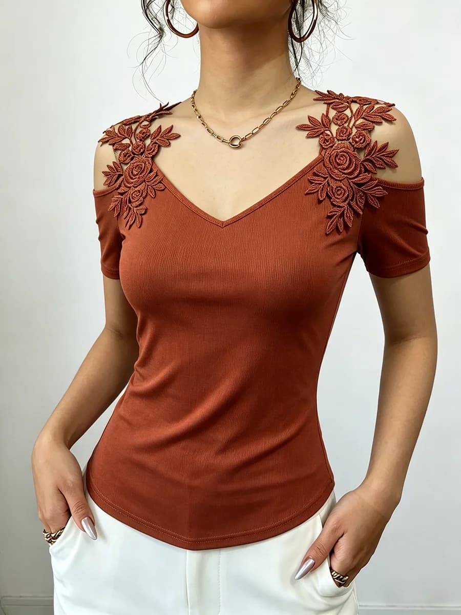Top da Donna con Spalle Scoperte e Applicazioni in Pizzo, Scollo a V, Manica Corta, Camicia Elegante e Chic per Primavera Estate