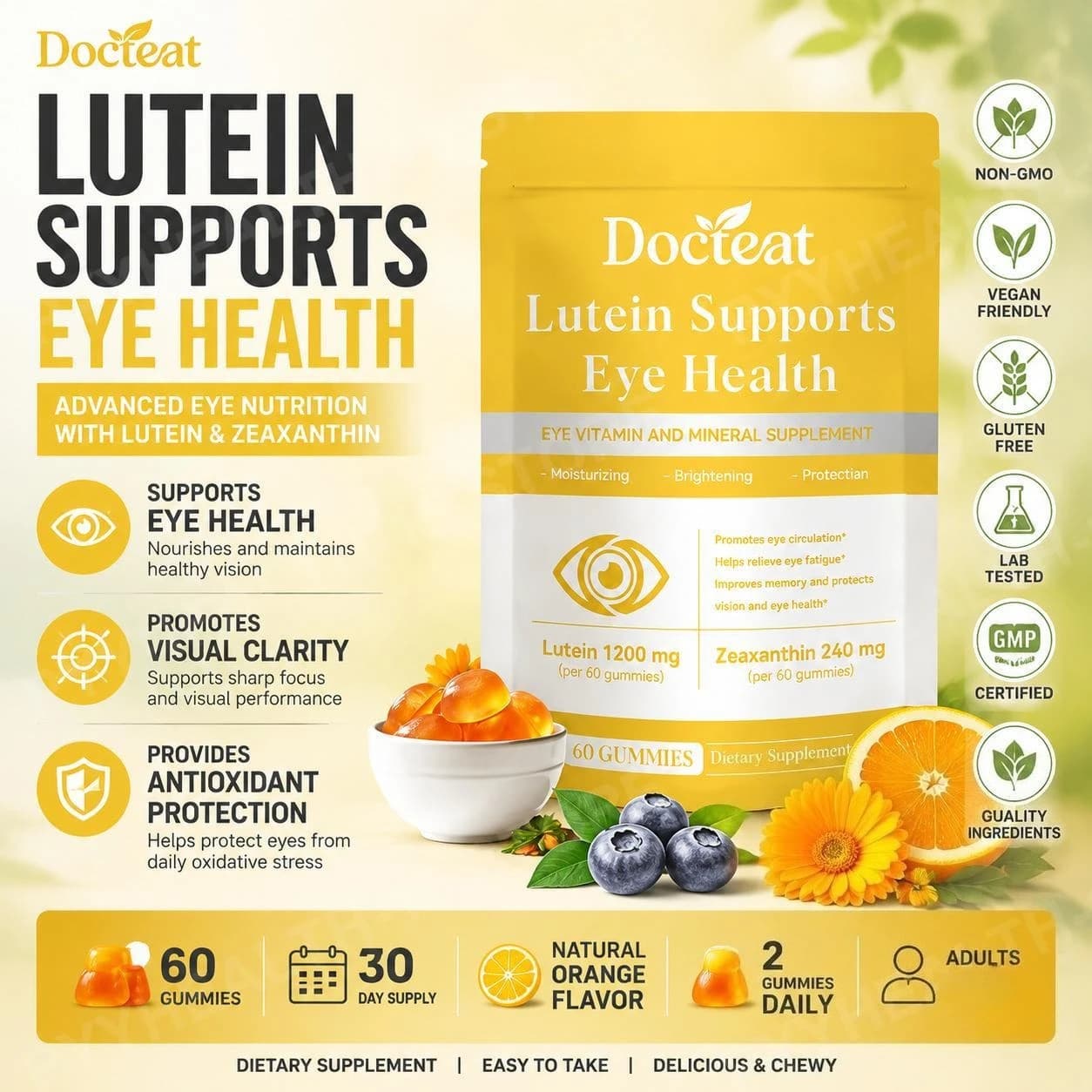Lutein Zeaxanthin Astaxanthin Gummies 60 Count, Eye Vitamin Mineral Supplement with Vitamin C E Zinc for Daily Wellness Adults