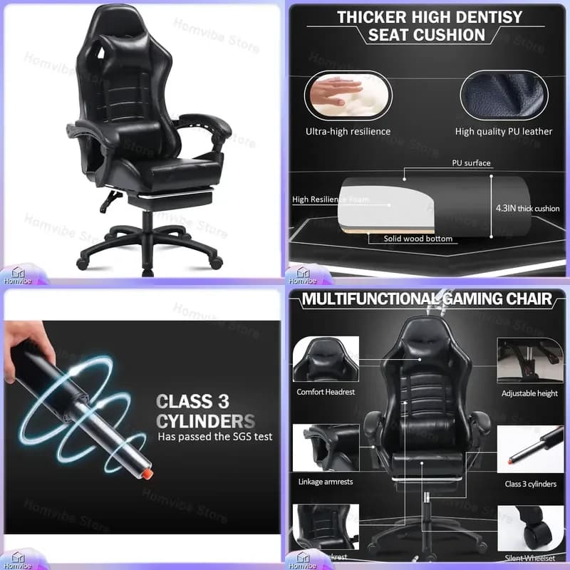 Ergonomic Gaming Chair for Adults with PU Leather Seat Backrest Lumbar Support Headrest Adjustable Height and Reclining
