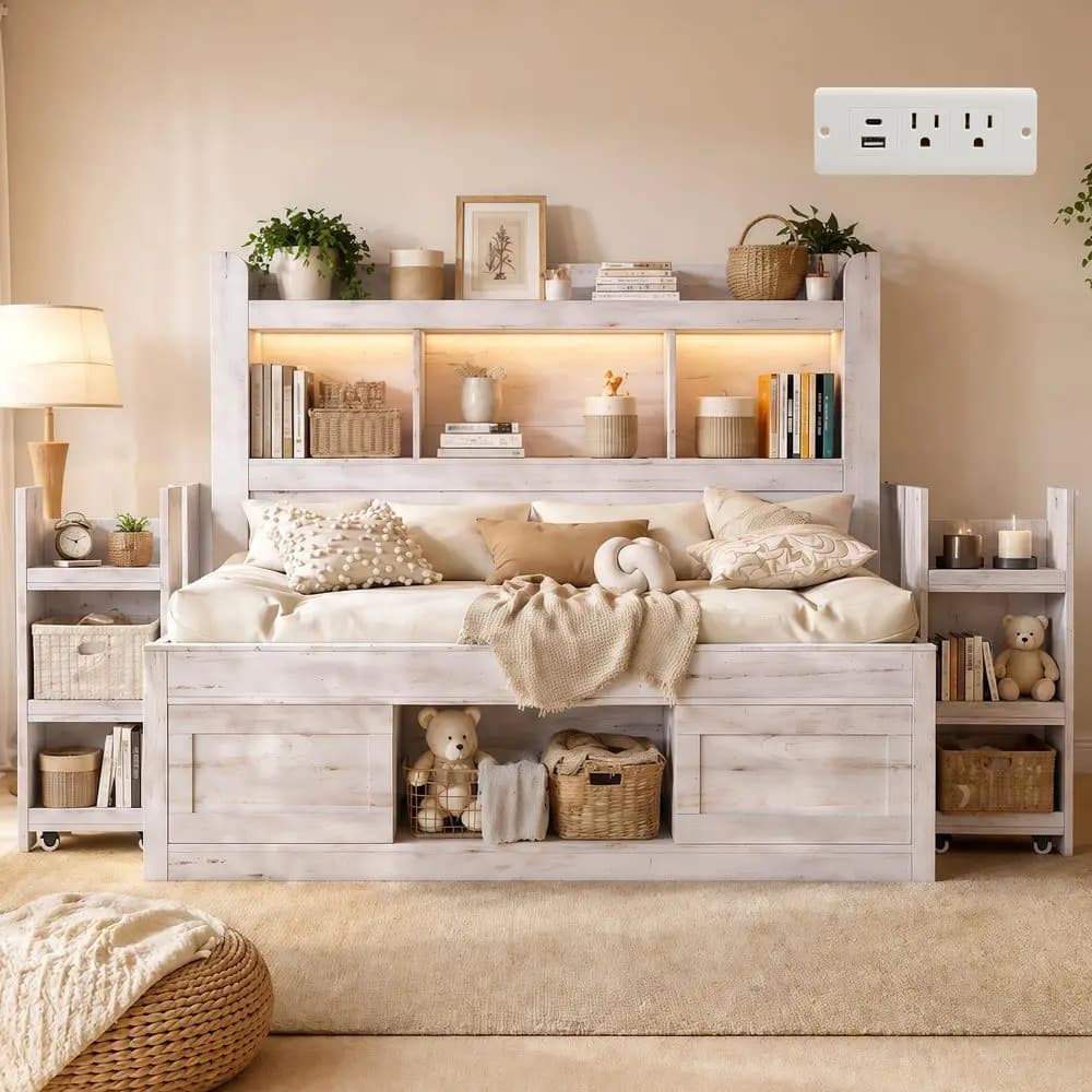 Divano letto con testiera con libreria e vano portaoggetti, comodini a scomparsa, letto con mobiletto, LED RGB, stazione di ricarica, non necessita di rete a molle