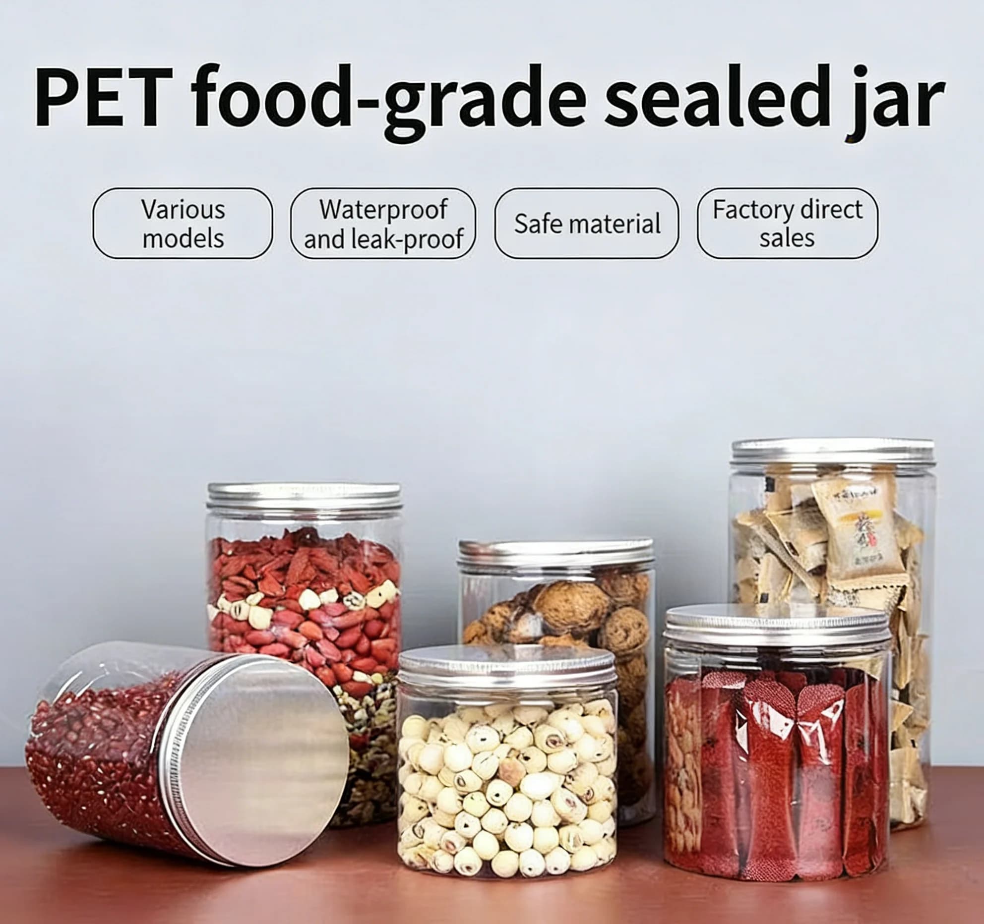 Transparent PET container with pressure closure, 100 pieces with aluminium lid - 250ml and 390ml food container for snacks and spices