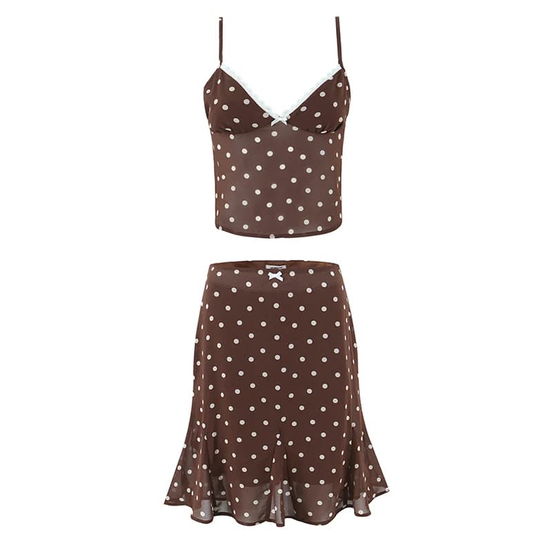 YENKYE Vintage Polka Dot 2 Pieces Summer Set Women Sexy Backless V Neck Camis + Hem Ruffle Knee Length Skirts