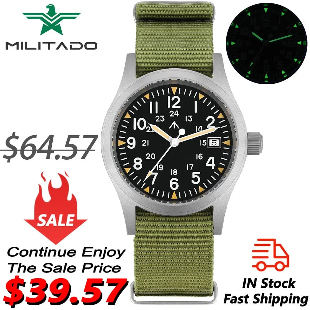 Militado ML05 Military watch Ronda 515 Quartz movement Sapphire cylinder with high transparency AR coating Luminous 38 mm vintage watches