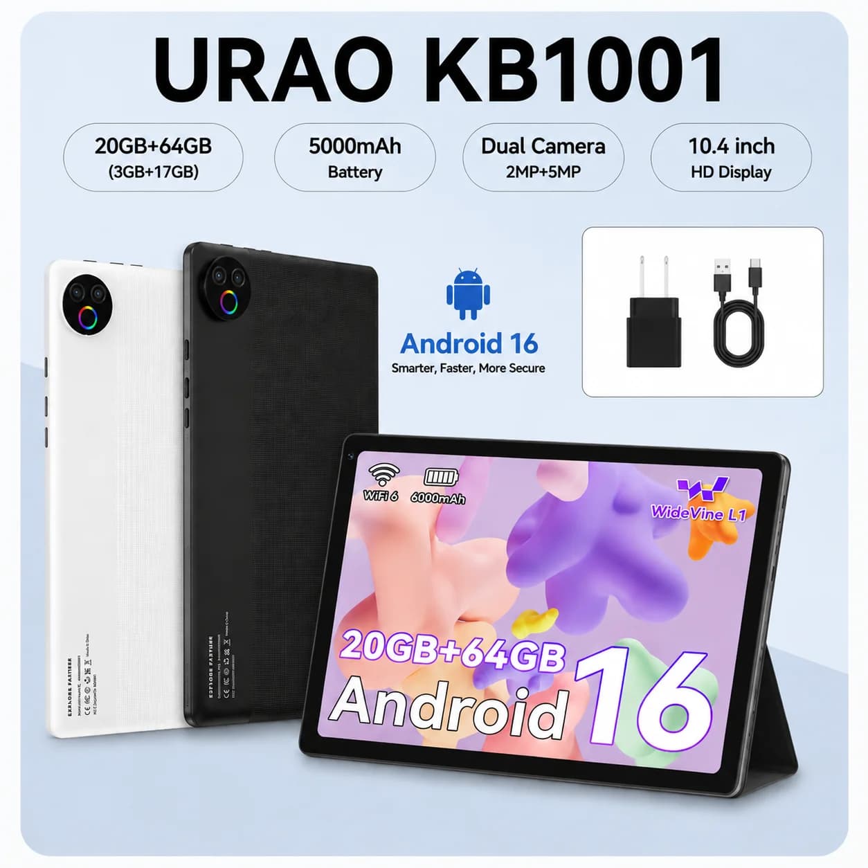 Tablet URAO Android 15 da 10.4 Pollici, Certificato GMS, 1.8 GHz, 20GB RAM, 64GB ROM, Espandibile a 1TB, WiFi 6, Bluetooth 5.4, Doppia Fotocamera