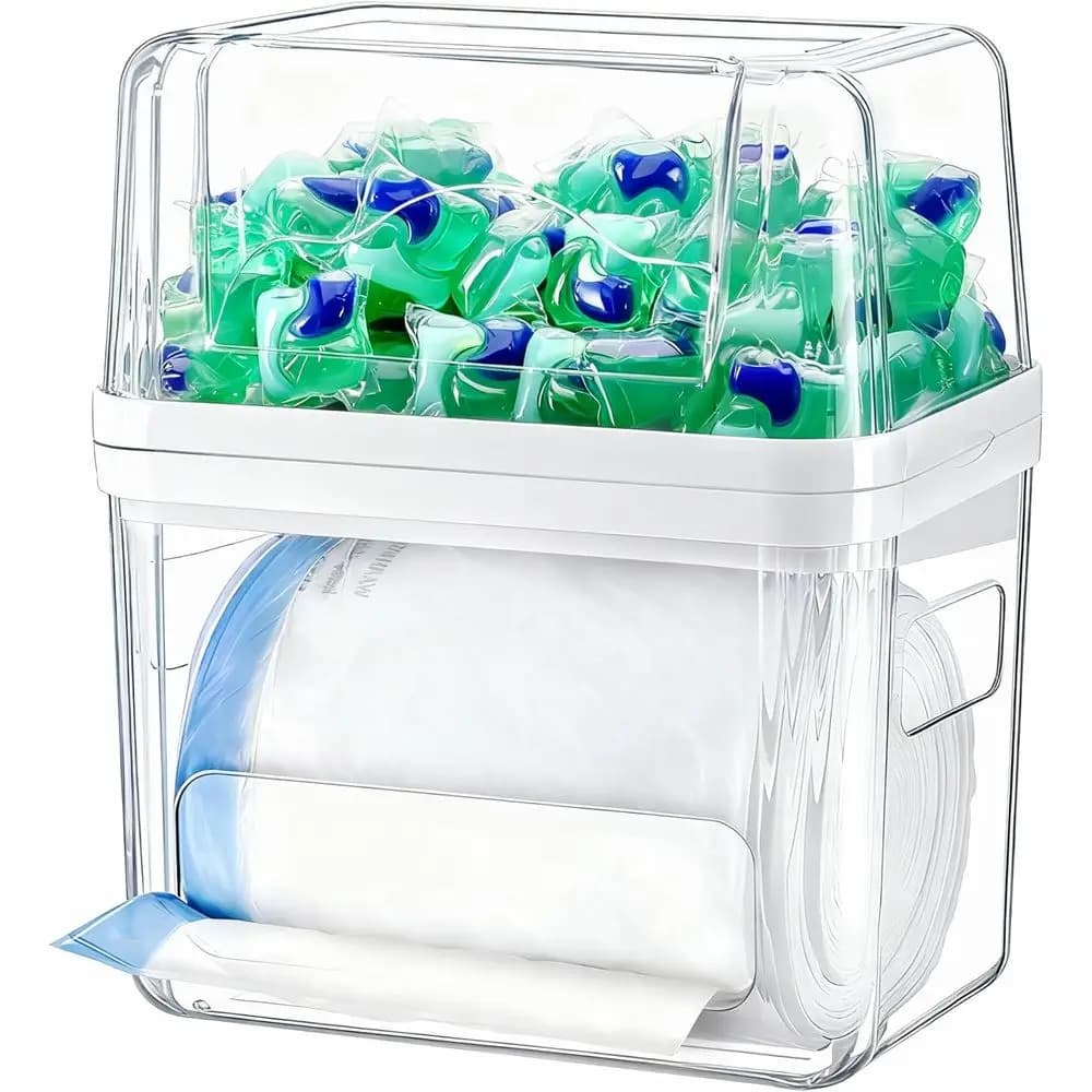 Trash Bag and Dishwasher Pod Dispenser - 3 in 1 Clear Storage Bins Holder or 13/30/33 Gallon Garbage Bags, Laundry Detergent Pod