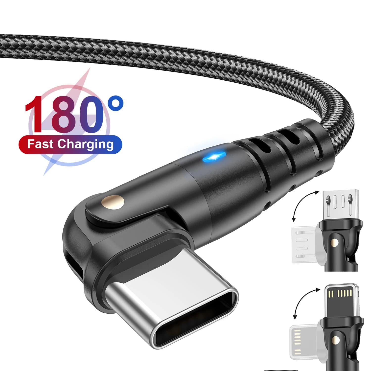USB cable type C 3A Elbow cable with 180 degree rotation for game USB Micro USB C fast charging data cable for iPhone 14 Samsung S21