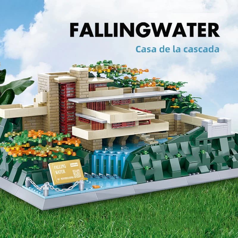 Blocchi da Costruzione American Falling Water Villa, Modello Educativo di Scena Urbana, Giocattoli Creativi per Adulti e Bambini, 1221 Pezzi