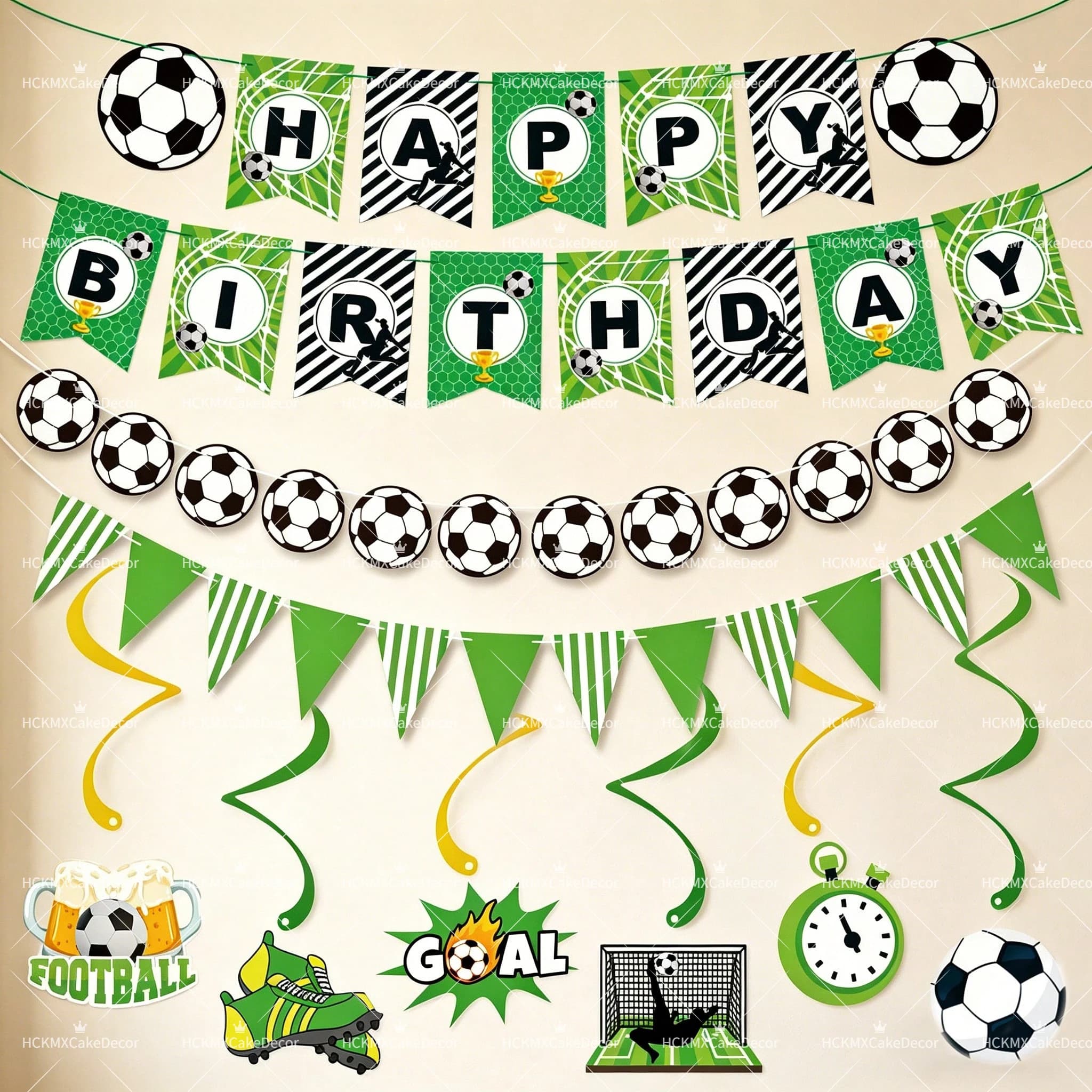 1set Soccer Football Birthday Party Decorations Set - Happy Birthday Banner Pennant Bunting Swirls for Kids Boys Party Supplies