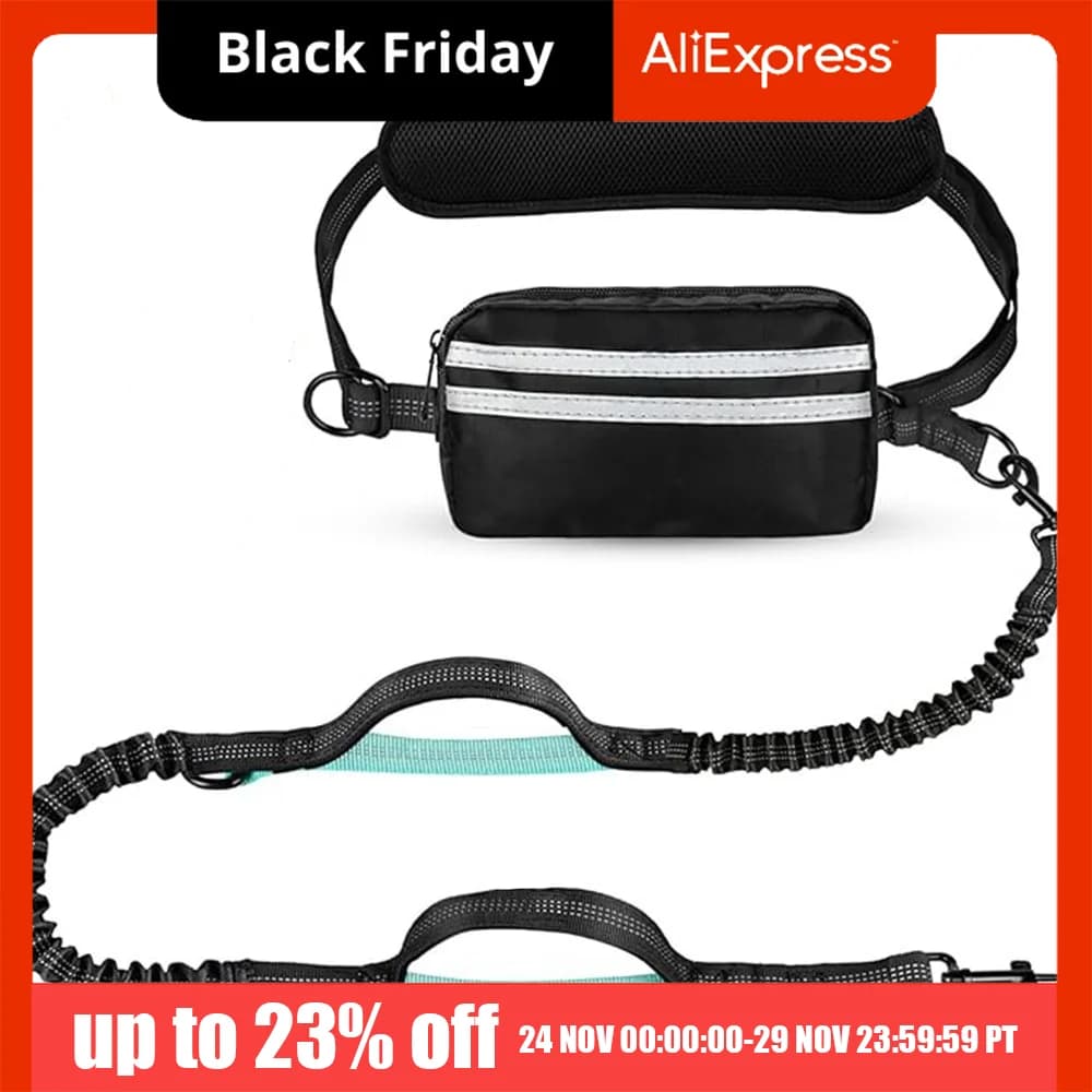 Running leash for dogs with reflective strip and zipper pocket, double/single rope leash, adjustable belt