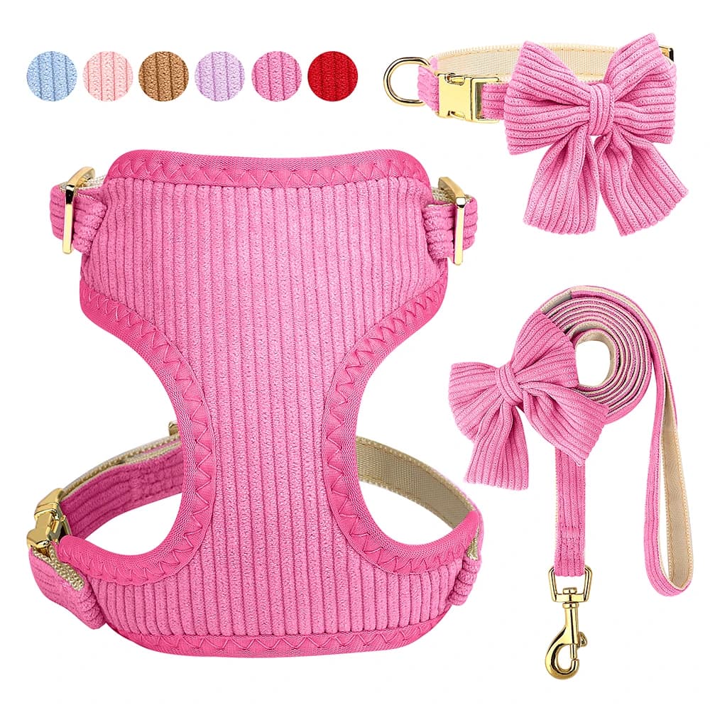 3PCS Collare per cani Pettorina Guinzaglio Set Pettorine per cani traspiranti Collana per cuccioli in morbido velluto con Bowknot Corda da passeggio per animali domestici per cani Carlino