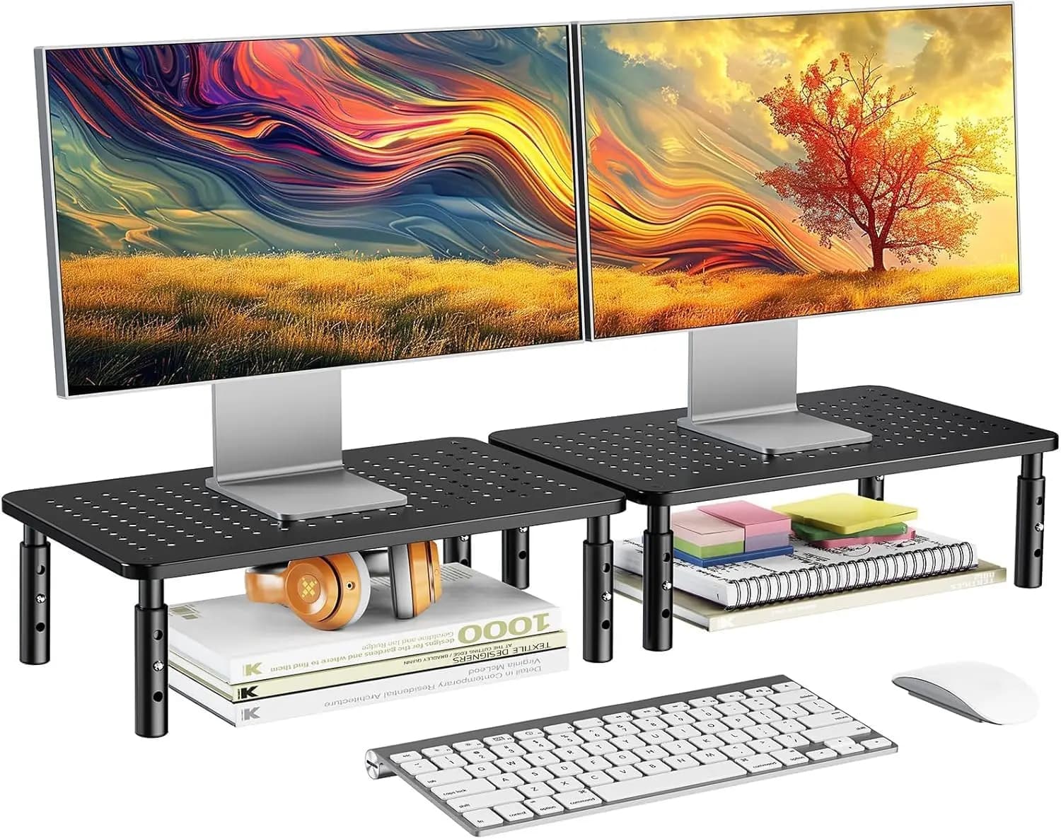 Adjustable support for 2 monitors, laptop support with height options, black, 2 pack