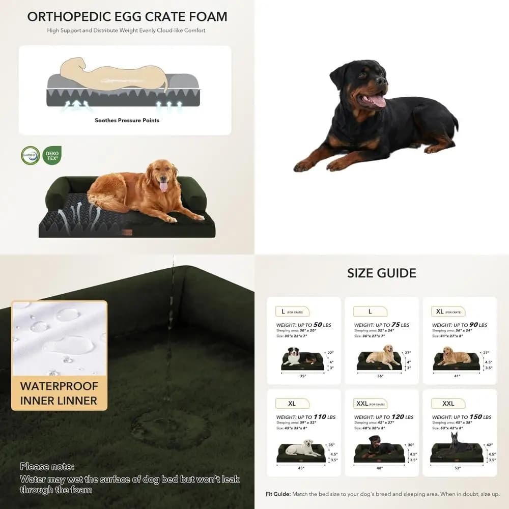 Cuccia ortopedica XL per cani con rivestimento rimovibile e base antiscivolo, 48x30 pollici, verde oliva
