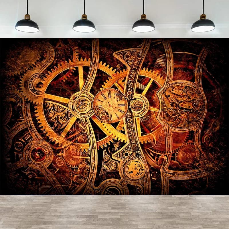 Photography Backdrop Vintage Mechanical Gears Clock Flowers Wooden Board Background Wall Industrial Scene Nostalgic Poster