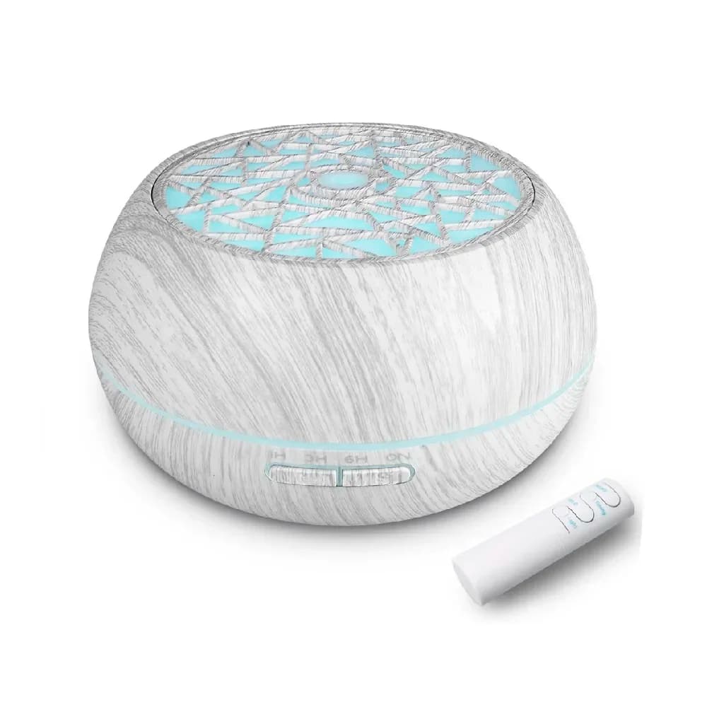 Set Diffusore di Oli Essenziali Aggiornato 2025, Umidificatore da 550ml con Effetto Legno e Telecomando, LED a 7 Colori e 6 Oli Terapeutici Inclusi