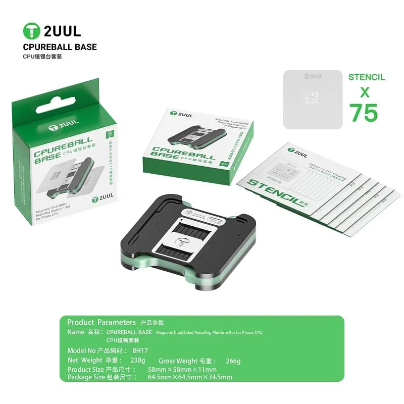 Set di stencil Reballing CPU 2UUL BH17 Quick Fix con BASE CPUREBALL magnetica bifacciale per strumenti di riparazione IPhone A10-A19/Android