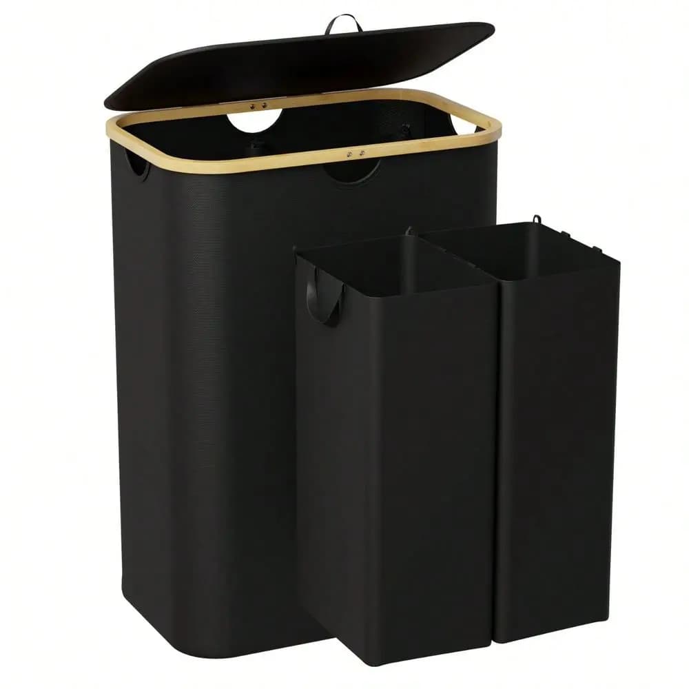 Laundry Sorter With Two Sections, Lid, And Removable Bags, 160L Clothes Basket With Bamboo Handles, Foldable Hamper For Bedroom