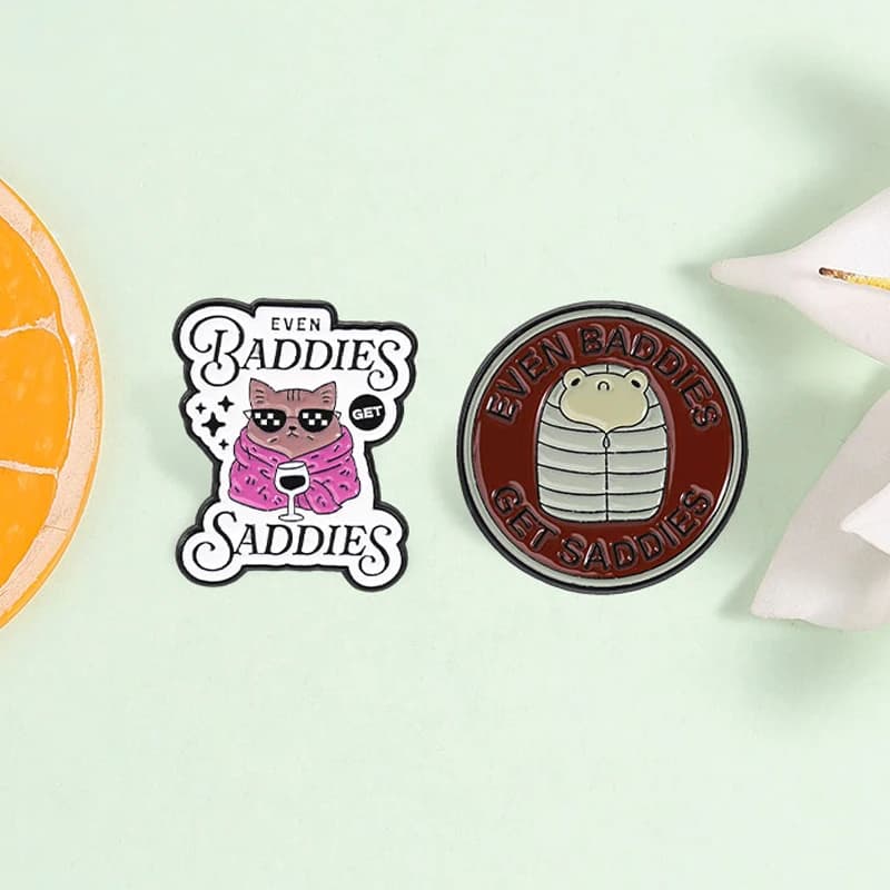 Even Baddies Get Saddies Enamel Pins Sleeping Bag Frog Cool Cat Crying Skull Brooches Lapel Badge Jewelry Gift for Friends