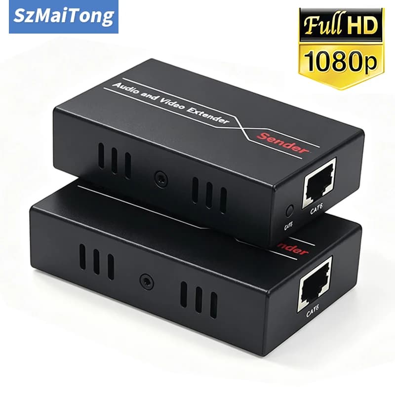 60M HD Network Cable Extender, CAT5E/6 1080P Video Extension Transmitter with EDID and POE Function, Suitable for PC Computers