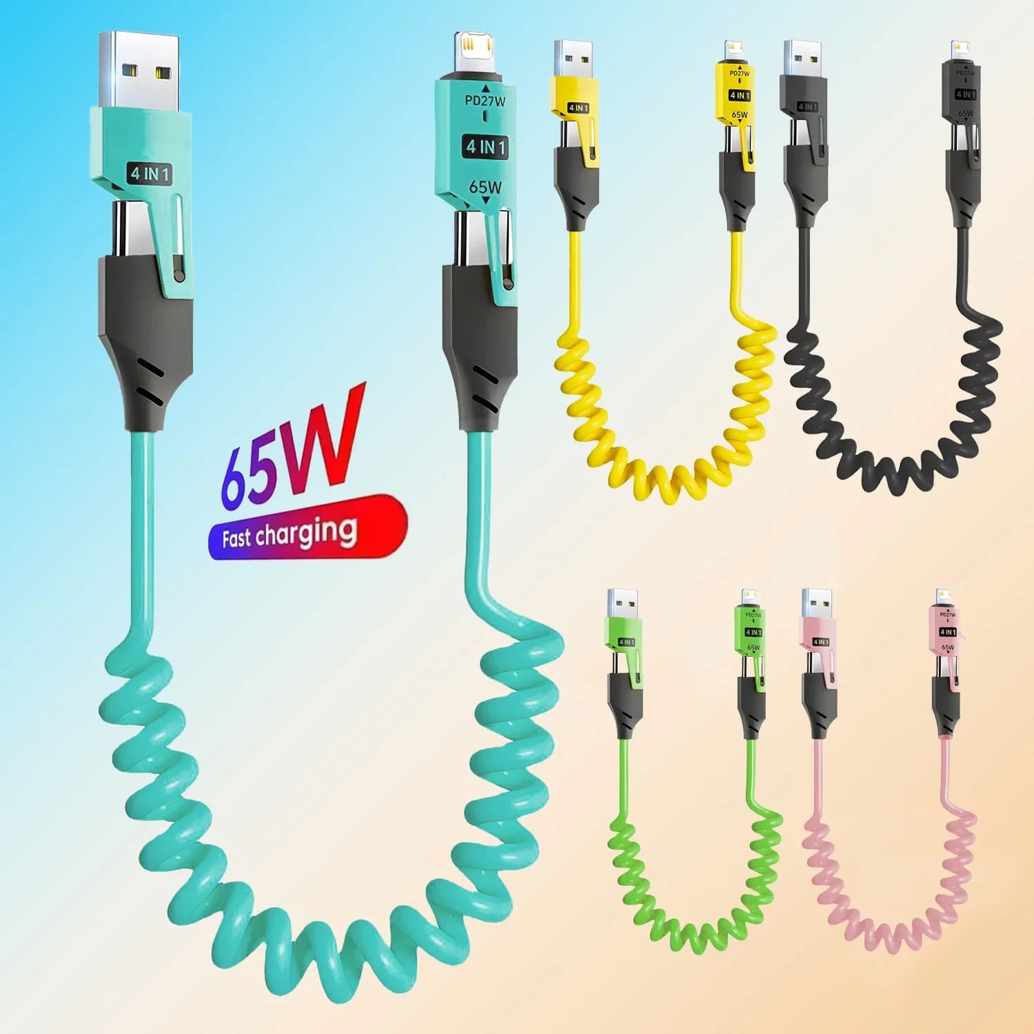 Quick Spring Charging Cable for Car USB Type C 4 in 1 6A Micro USB Telescopic Short for iPhone iPad Samsung Xiaomi Huawei