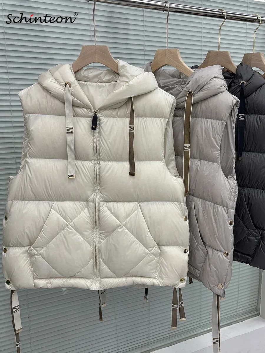 Schinteon Donna 90% Piumino d'anatra bianco con cappuccio Giacca casual senza maniche Semplice tinta unita Alla moda Autunno Inverno Top Nuovo