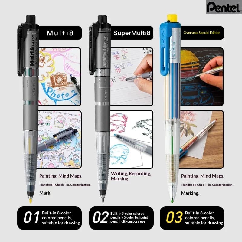 Original Japan Pentel Art Multi 8 Colored Mechanical Pencil Set 2.0mm Multifunctional Automatic Pencil with Refills Sharpener
