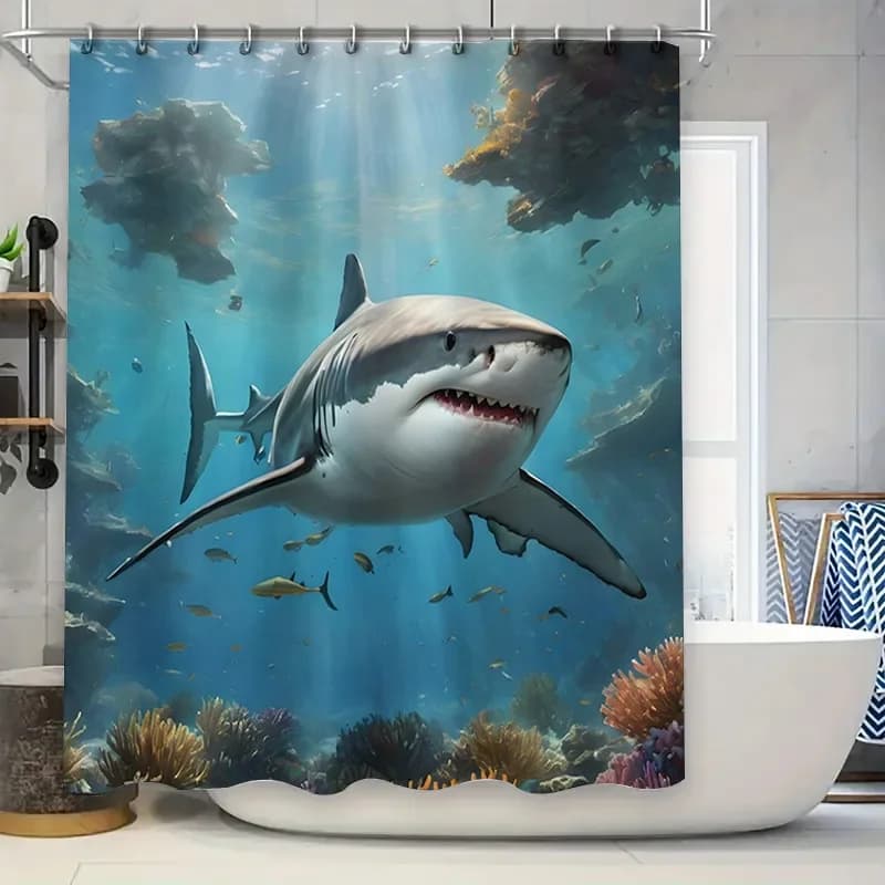 Tenda da bagno con squalo blu oceano, decorazione per pesci di barriera corallina, tenda da doccia per la decorazione del bagno di casa, da appendere alla parete