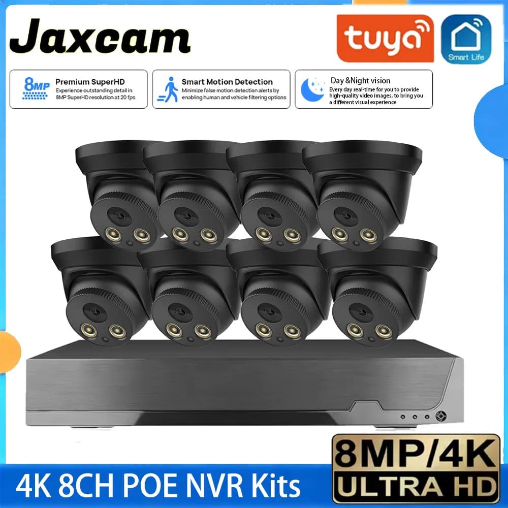 Tuya 4K HD 8MP Security Camera System, POE 8CH NVR Kit, Metal Dome IP Camera for Interior, Video Security Kit