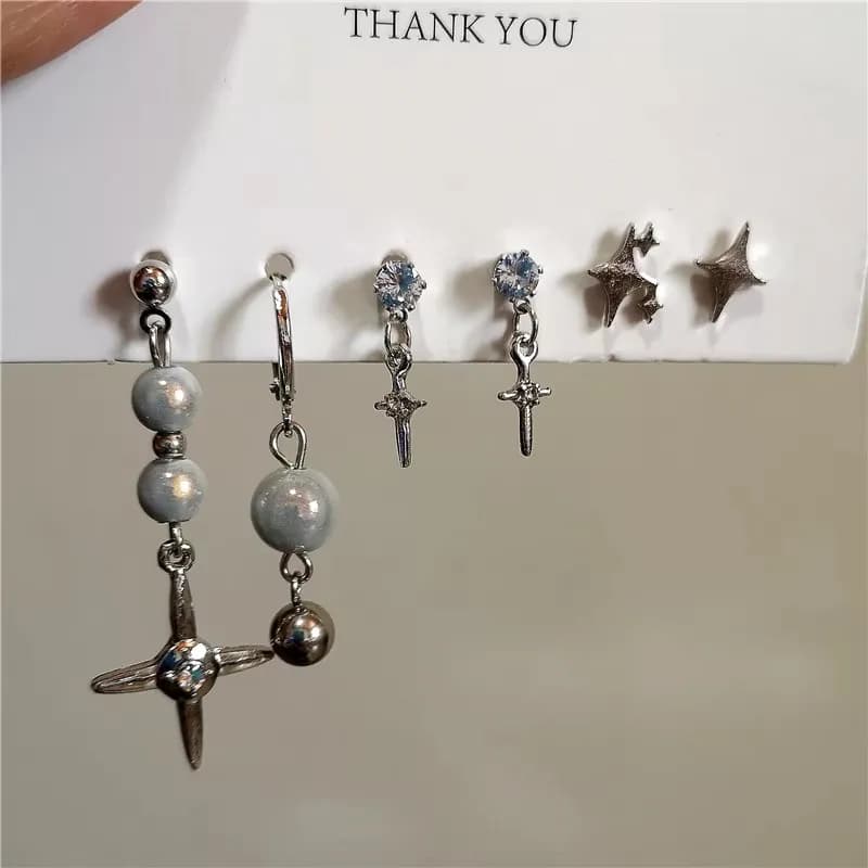6 pezzi SET Goth Punk Crystal Cross Star orecchini pendenti per uomo donna Grunge Vintage estetica Y2K accessori per gioielli regalo