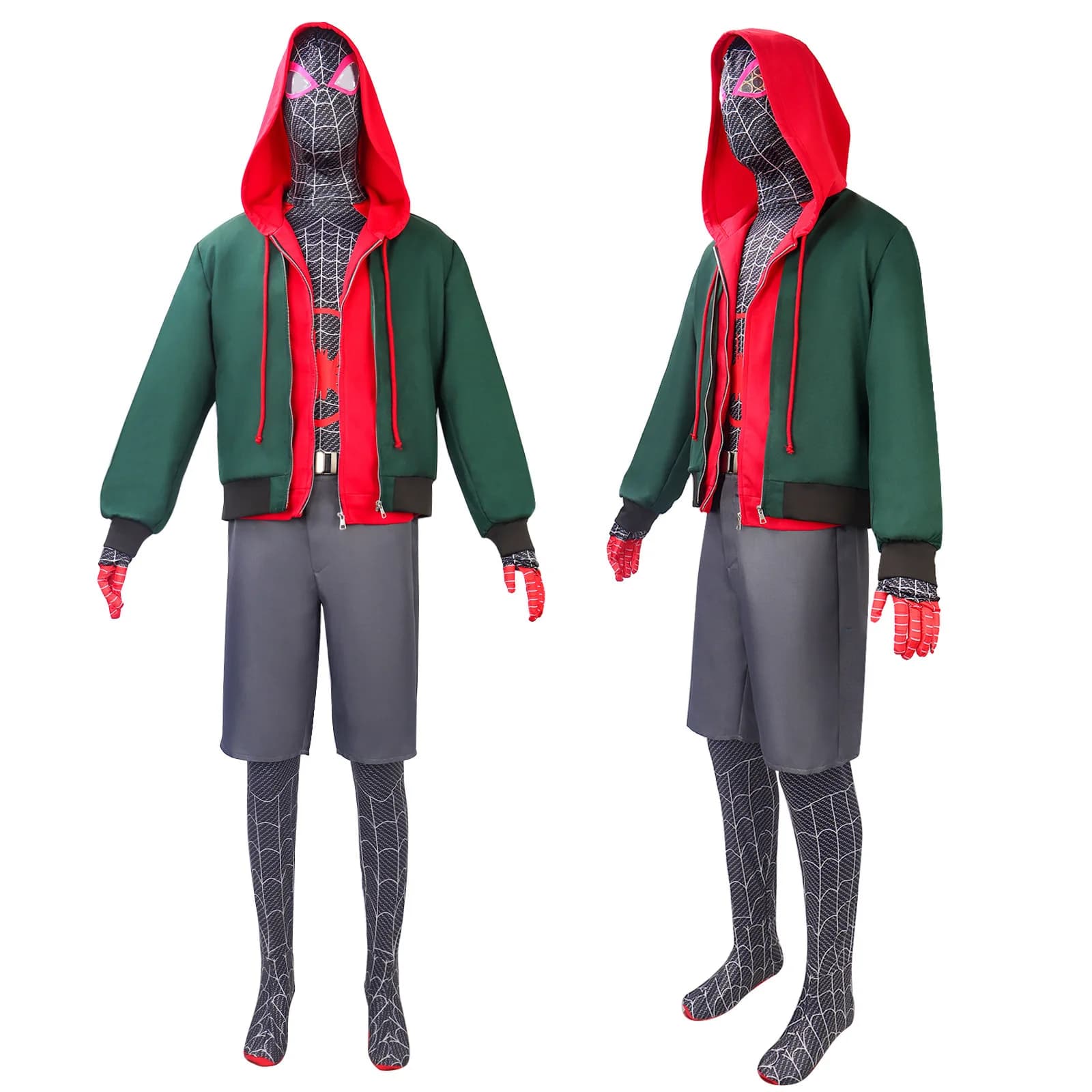 Into The Spider-Verse Cosplay Miles Morales Black Spider Outfit Hat Set 3D Animation
