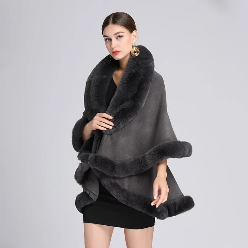 2 Layers Cashmere Winter Warm Thick Capes Big Pendulum Shawl Long Overcoat Womens Outerwear Faux Fur Mantle Loose Poncho Cloak