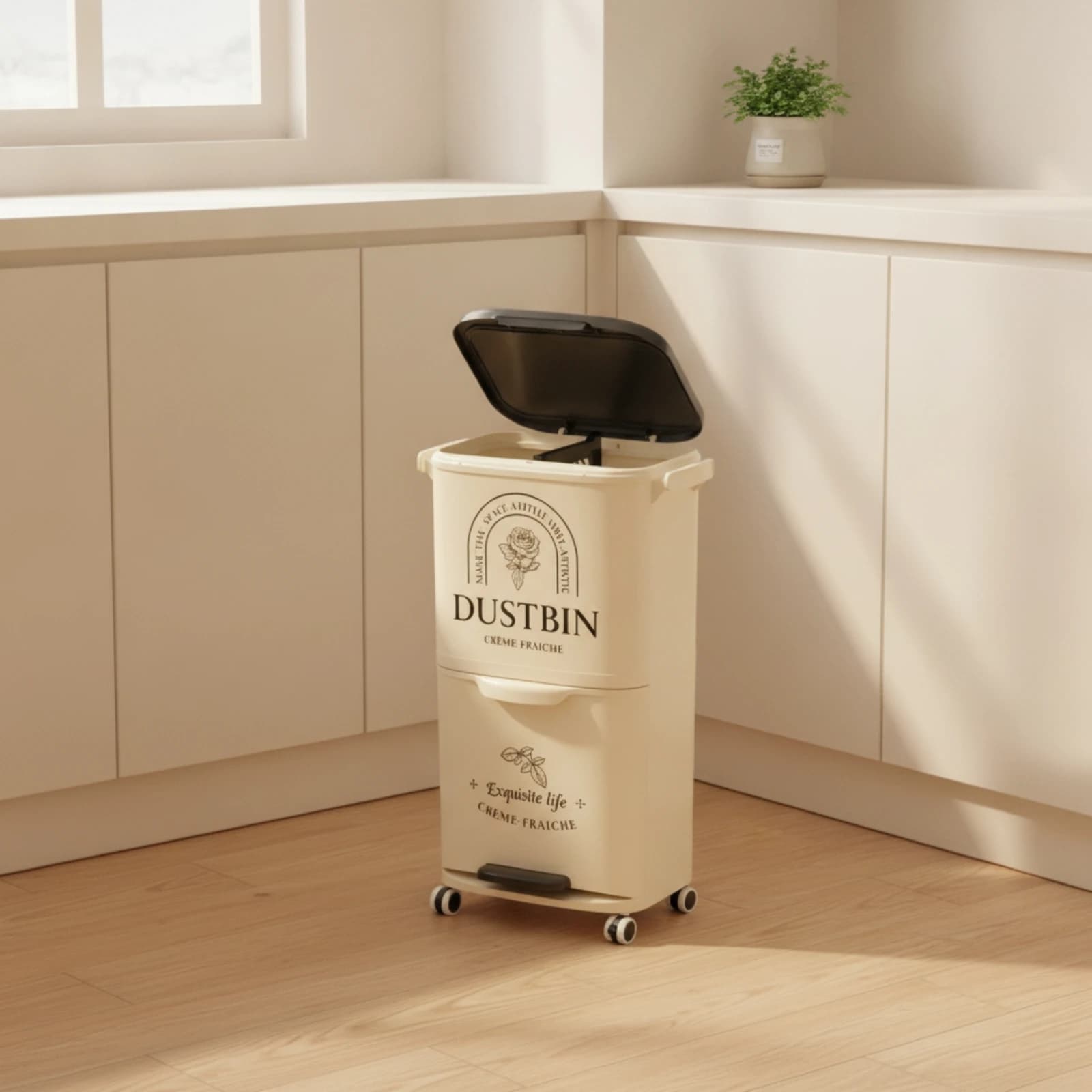 Dual Compartment Trash Can Space-Saving Trash Bin with Foot Pedal Garbage Can with Wheels Easy-Clean Wastebasket Long-Lasting