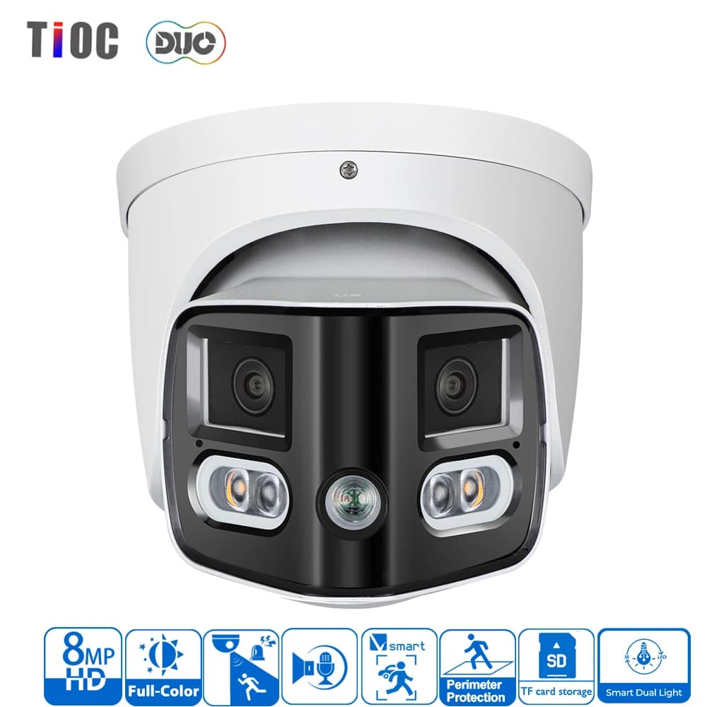 Telecamera IP Panoramica 4K 180 Gradi 8MP per Esterni con Doppia Lente, Allarme Sonoro e Luminoso, Altoparlante, Obiettivo 2.8mm, Compatibile ONVIF