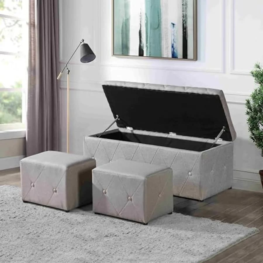Dorm room ottoman set of 3: hinged tufted storage bench 39'' H,2 small stools; fabric upholstery, charcoal gray, soft cushionin