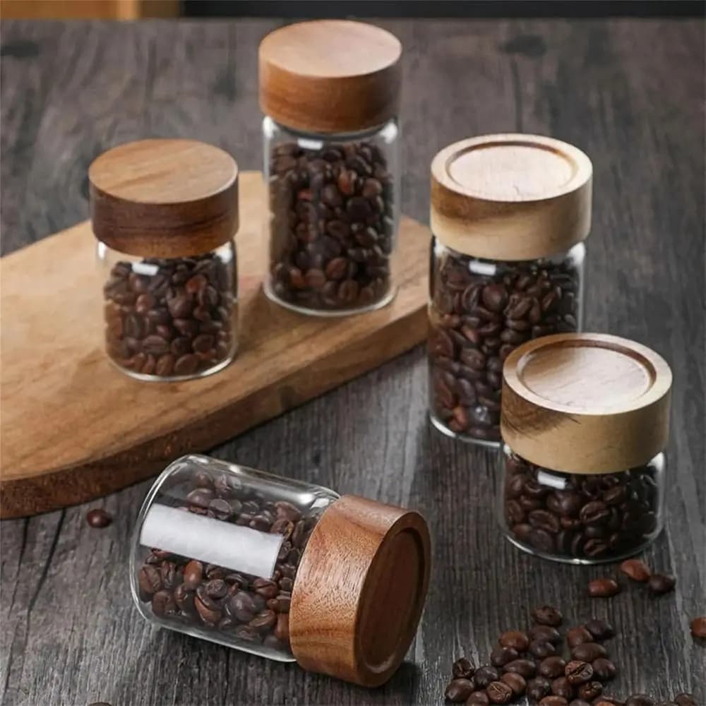 6PCS 10/20/30 ML Wooden Lid Mini Glass Bottles Transparent Sealed Coffee Beans Storage Container Golden Bean Bottle Food Grade
