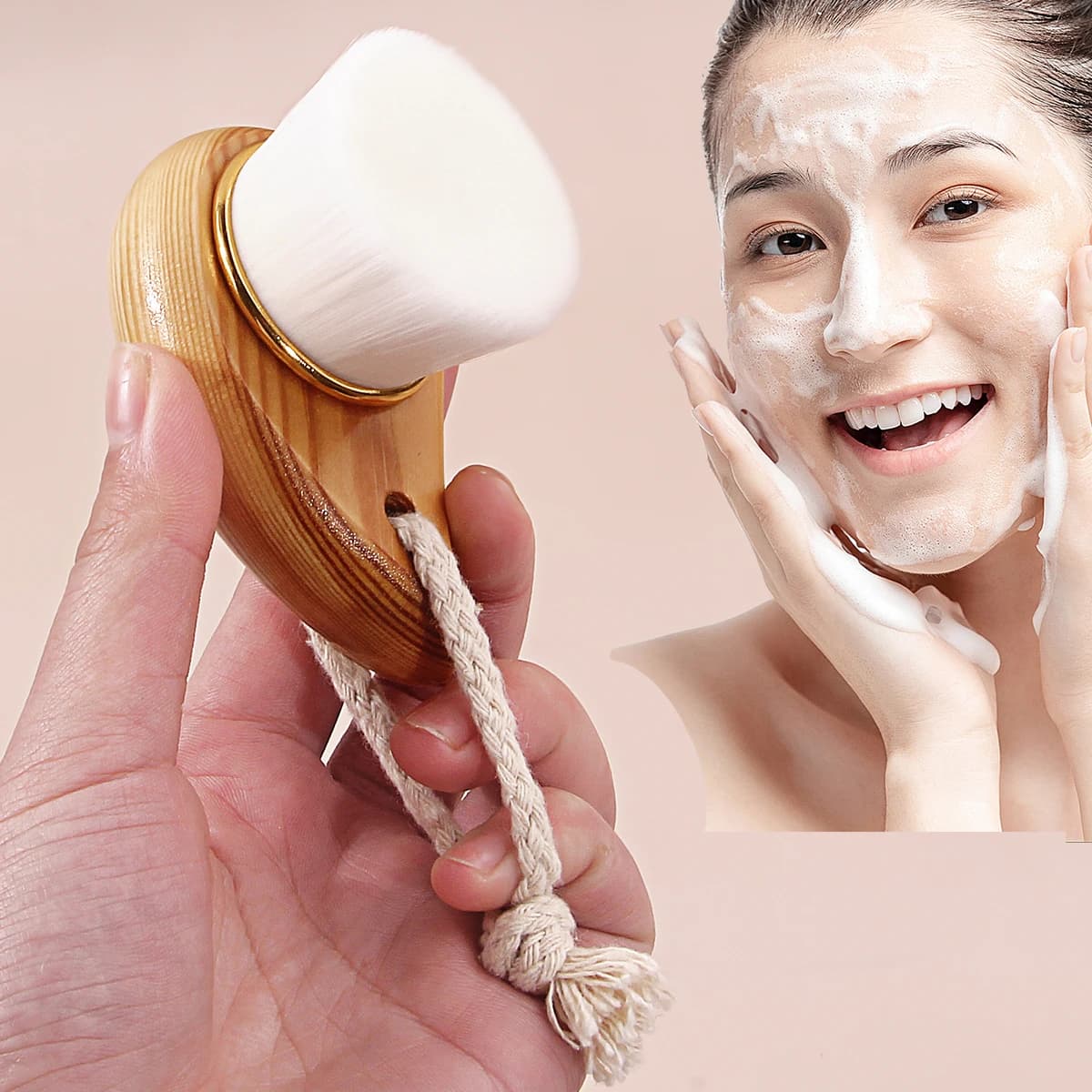 Spazzola per Pulizia Viso con Manico in Legno, Setole Morbide in Fibra, Esfoliante per Punti Neri, Strumento per la Cura della Pelle