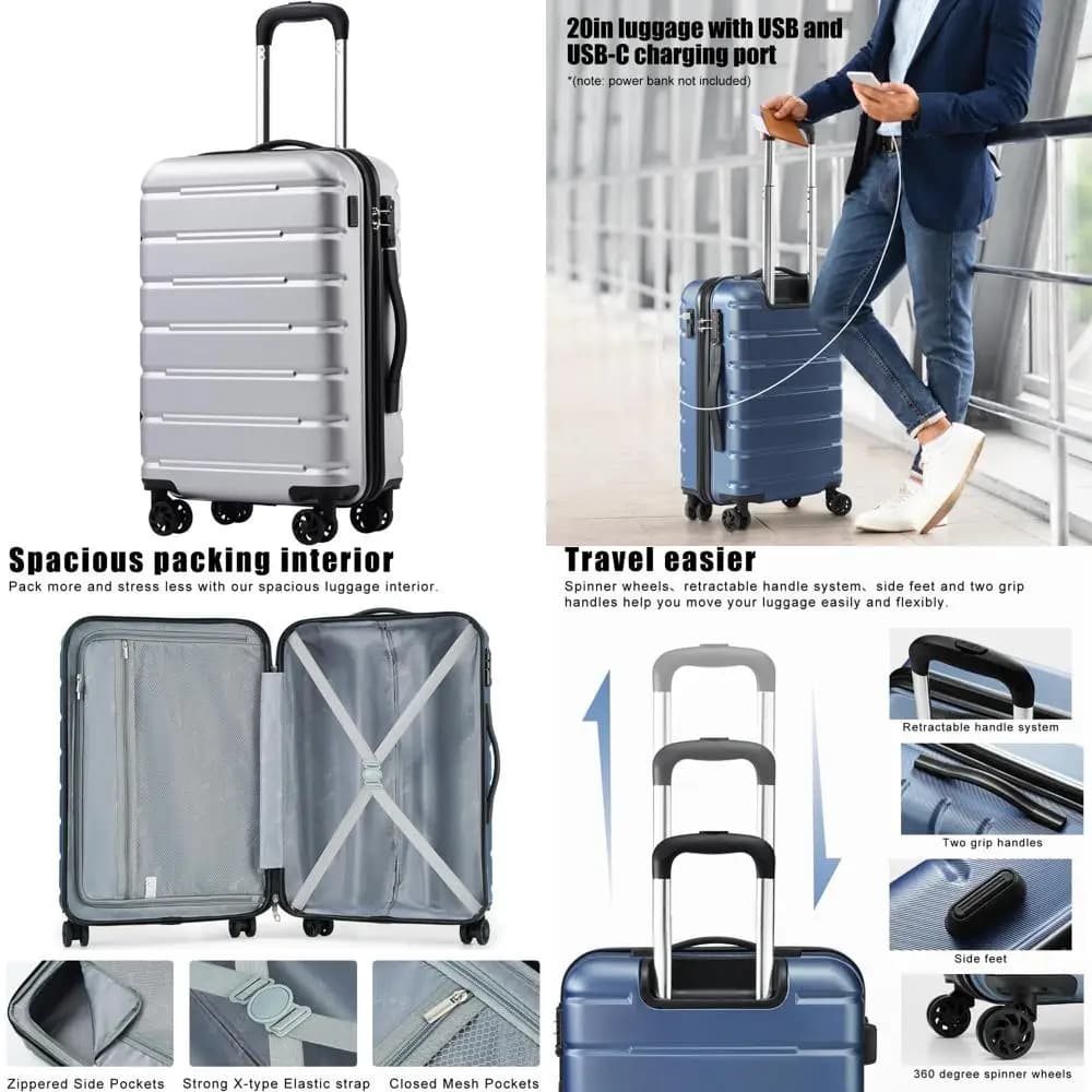 Valigia da viaggio Spinner con lucchetto TSA, guscio rigido espandibile, leggera, da 20 pollici, con porta USB, argento