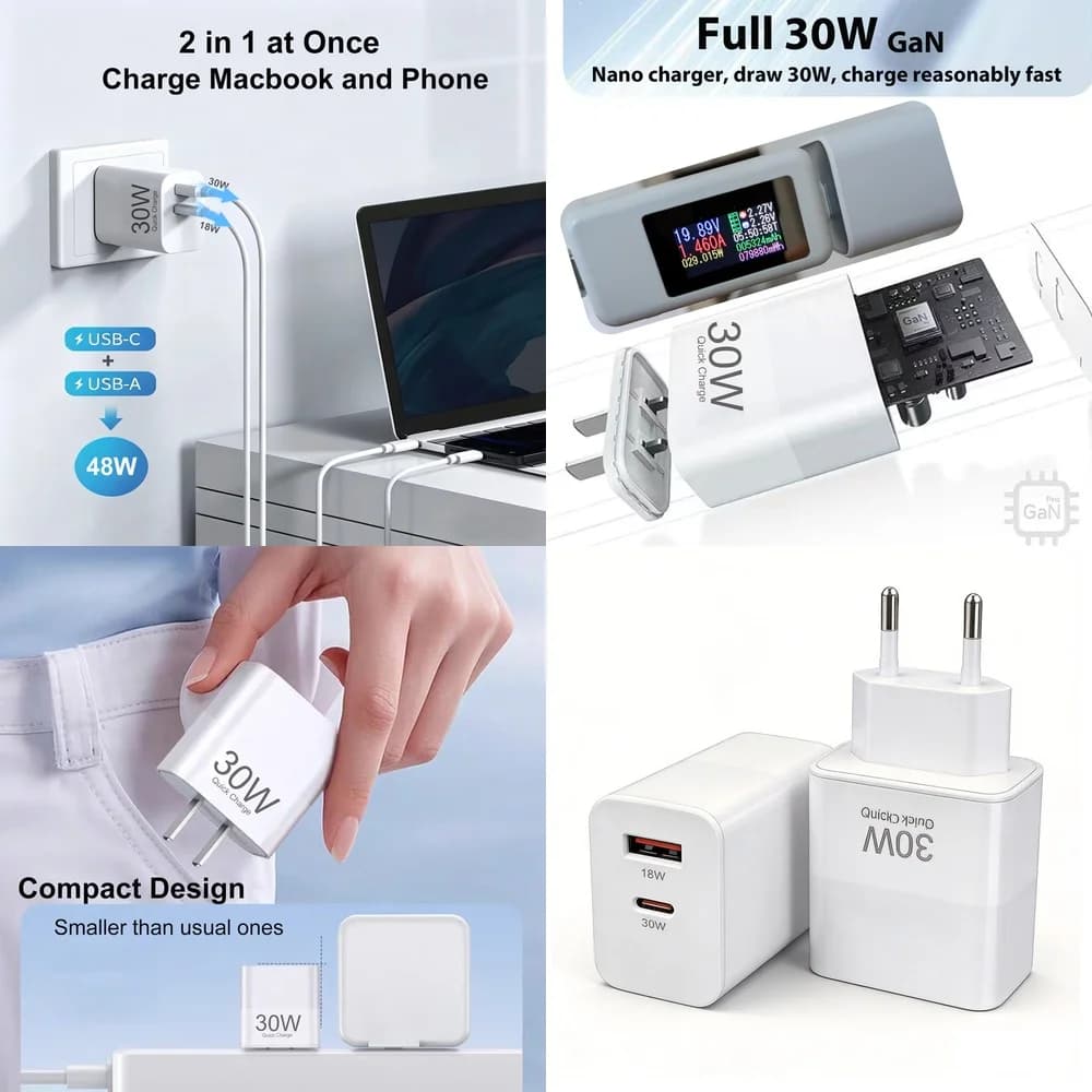 30W USB C Wall Charger PD Fast Charging Adapter Dual Port Type C USB A Quick Charge Block for iPhone 17 16 15 iPad Samsung Plug