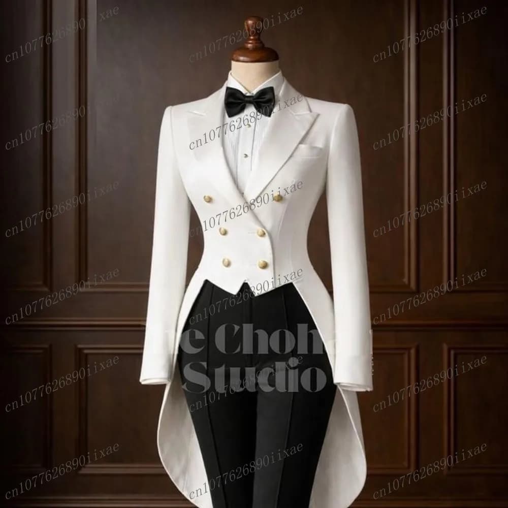 Blazer bianco lungo e tailleur nero da donna, completo elegante da ufficio, smoking da cerimonia per mamma, abito formale da donna in due pezzi, giacca e pantaloni.
