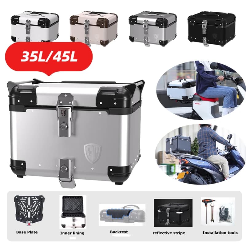 Top case universale per moto da 35 l/45 l - Scatola portaoggetti per casco con serratura e schienale | Baule porta attrezzi per bagagli posteriori
