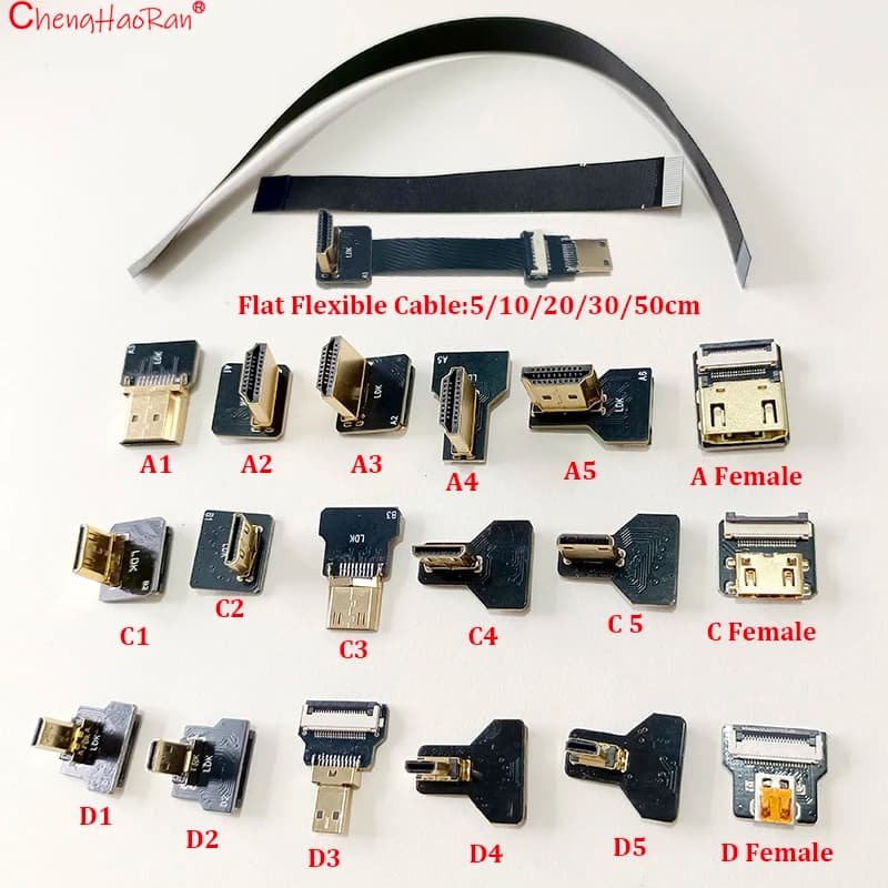 1PC Ribbon Flat FPV HDMI-Compatible Connector Flexible Cable Raspberry Pi 4 Micro HDTV To HD/Mini HD Female 90 Degree FFC 20pin
