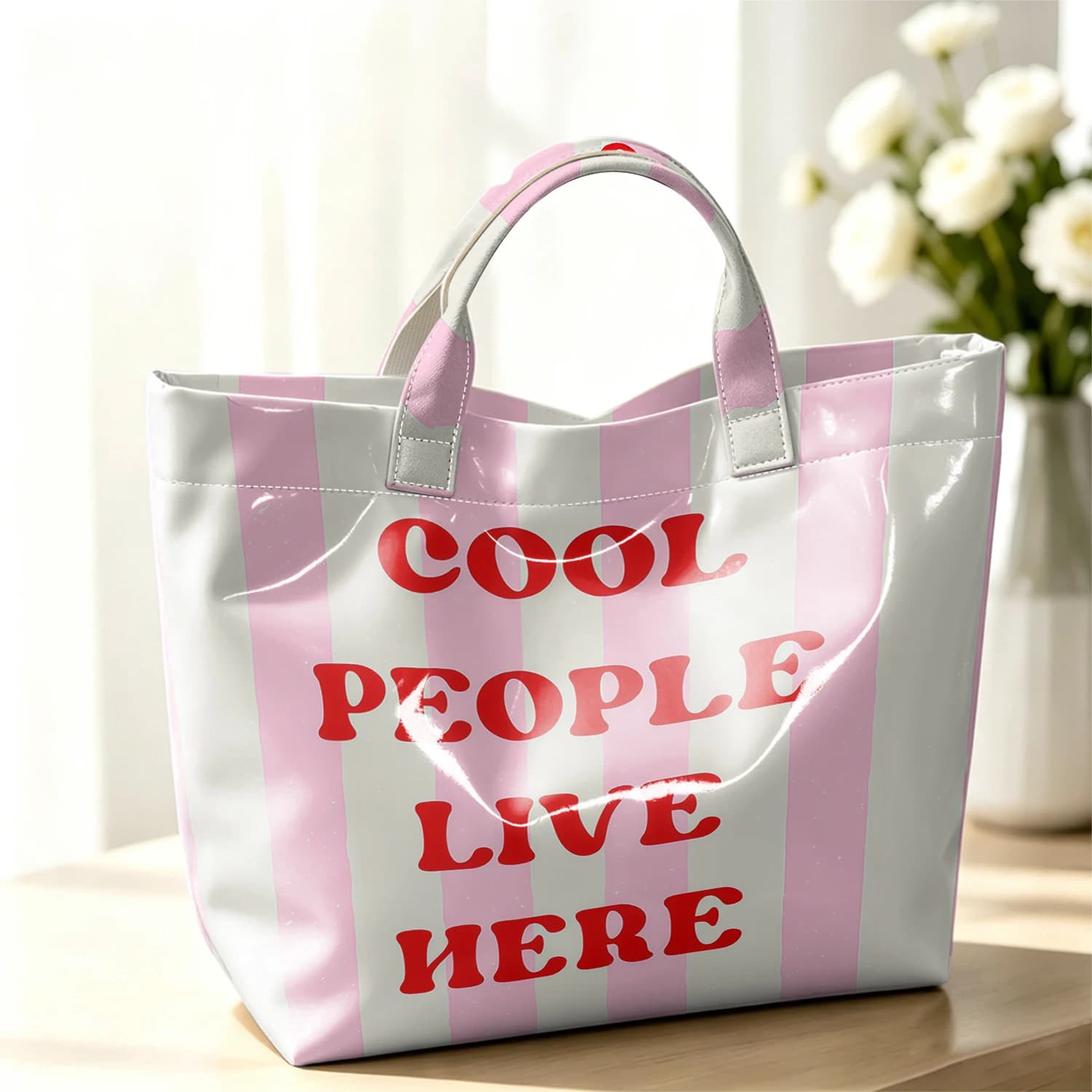 Pink Beige Stripe Cool People Quote Fashion Large Glossy PVC Tote Bag Hand Washable Waterproof Travel Commute Cosmetic Shopper