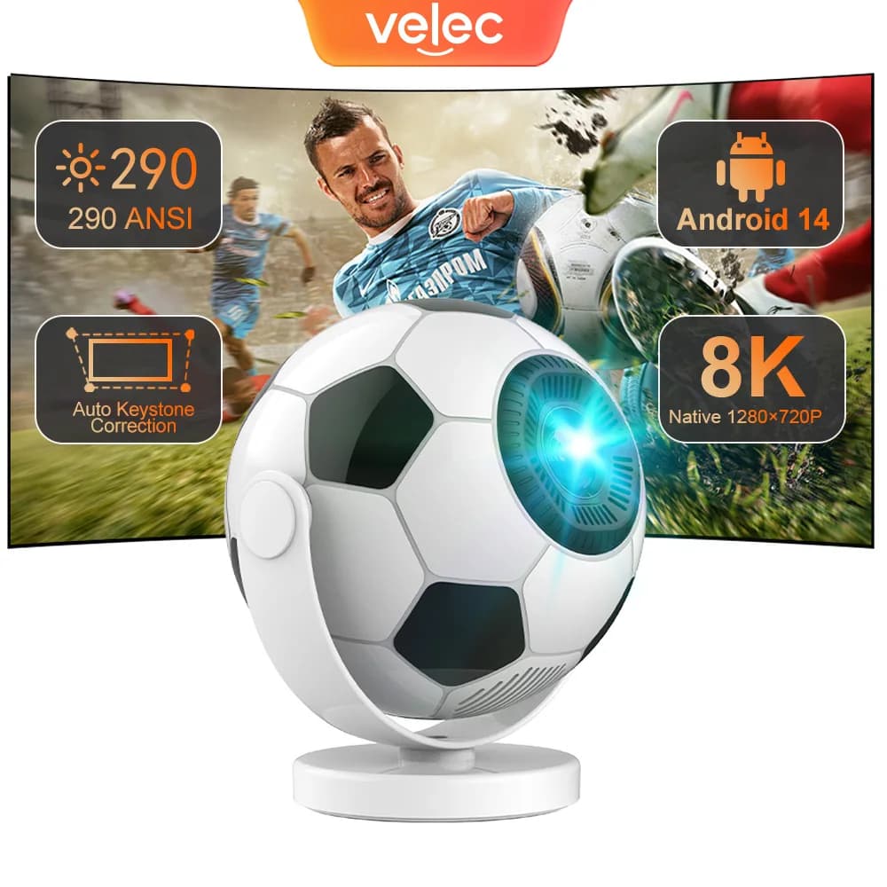 Proiettore Velec HY300F 290ANSI 720P 8K Portatile Android14 Allwinner H726 Mini Proiettore per Esterni e Casa Regalo per Tifosi di Calcio